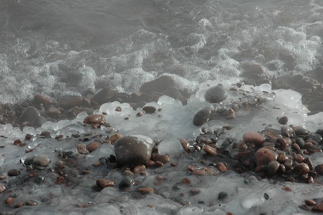 Rocks, ice, and surf along Lake Superior, Duluth, Minnesota
