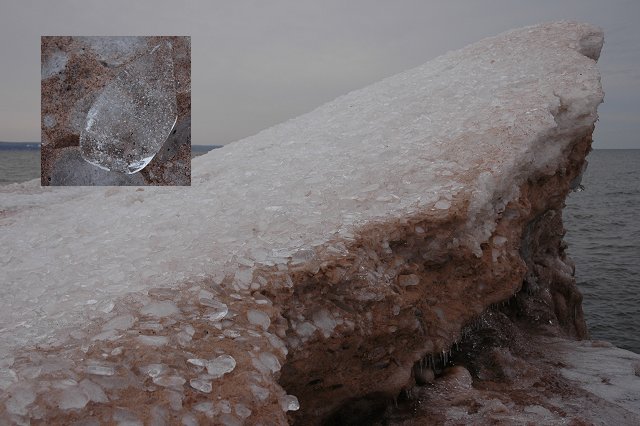 Rock and ice formation on Lake Superior at Park Point, Duluth, Minnesota (with close-up ice insert)